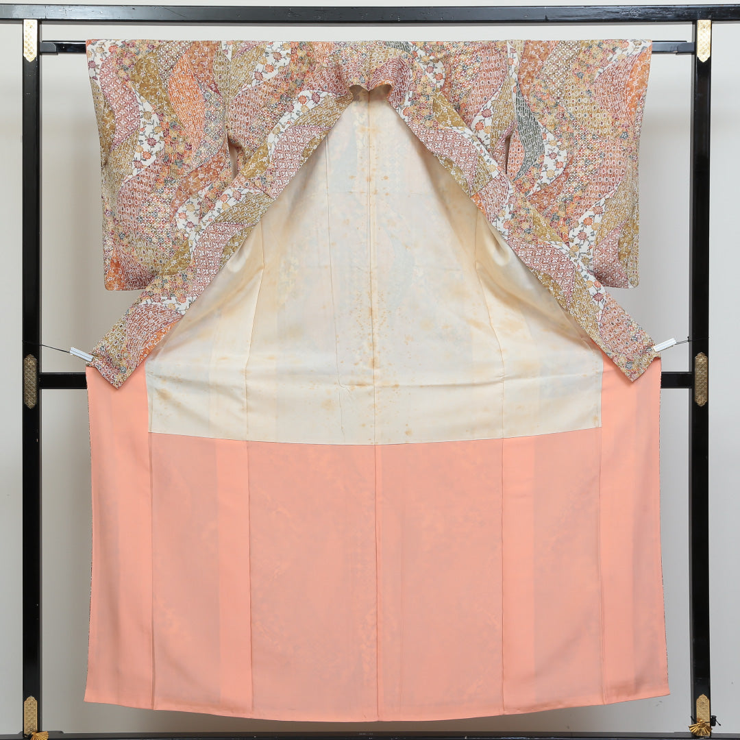 小紋 洗える着物 袷 身丈153cm 裄丈62cm ポリエステル Bランク Sサイズ 広衿 インフォーマル よろけ縞 花柄 朱系 1215-00805