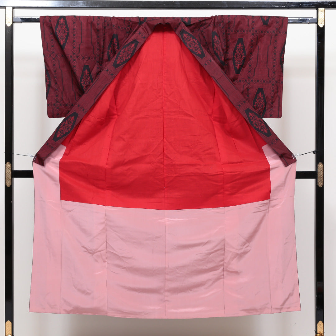 アンティーク着物 紬 袷 身丈150cm 裄丈~62cm 赤系 正絹 優品 花 1216321200107