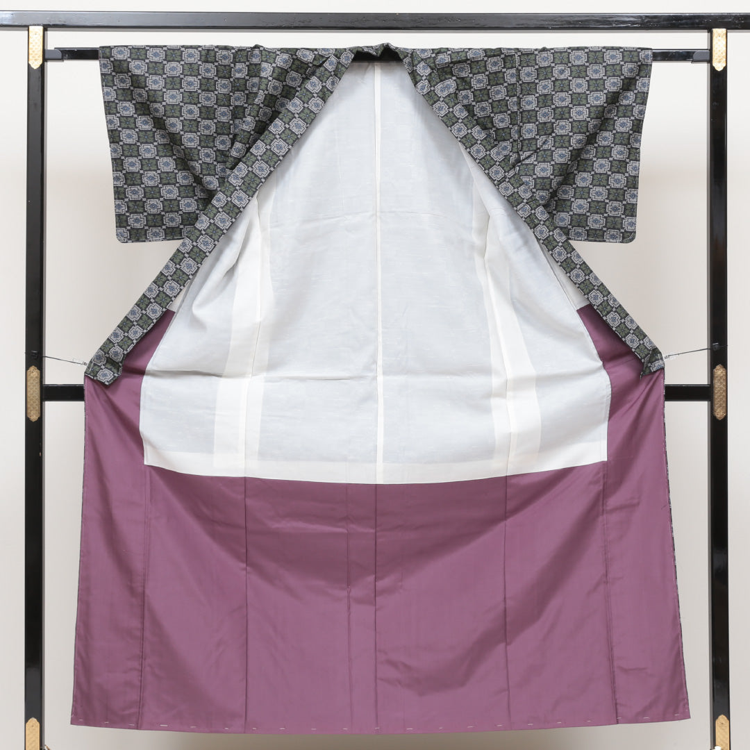 アンサンブル 紬 袷 身丈153cm 裄丈61cm 正絹 Aランク カジュアル バチ衿 Sサイズ しつけ糸 菱 緑系 HP 1223-02608