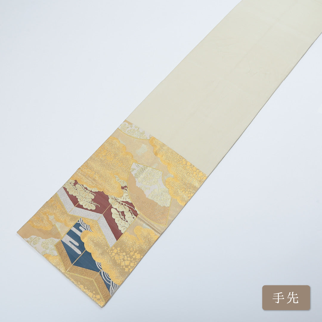 袋帯 帯丈436cm 六通 仕立て上がり フォーマル Aランク 川島織物 雲 松 屏風 落款あり 通年柄 金系 122300435321