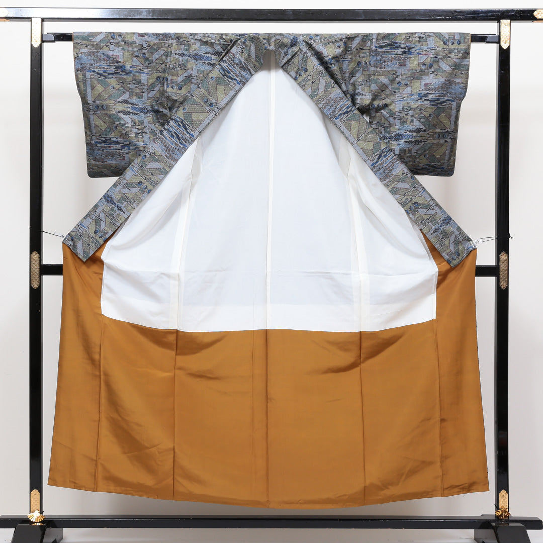 大島紬 袷 身丈153cm 裄丈63cm グレー系 正絹 Sランク 創作 1216222200108
