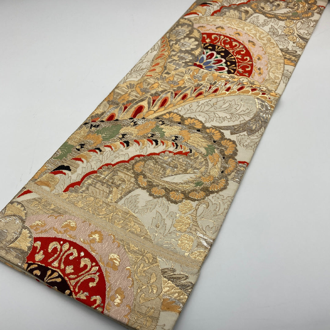 アンティーク 袋帯 帯丈420cm 六通 孔雀 宝相華 フォーマル クリーム系 正絹 Sランク 1223-00077