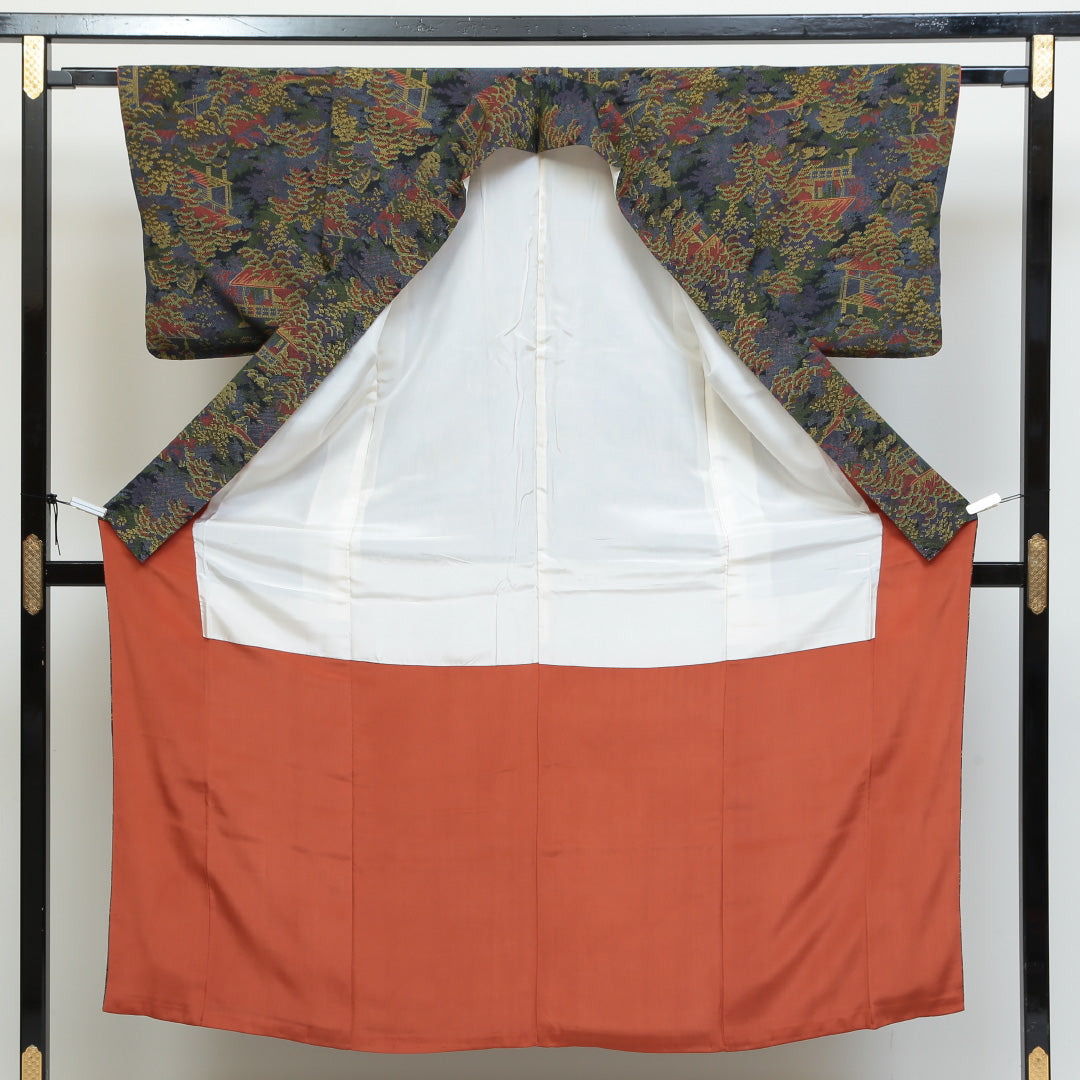 小紋 袷 身丈149cm 裄丈63cm 正絹 Aランク インフォーマル 広衿 XSサイズ 茶屋辻 紺系 RP 1221-00749