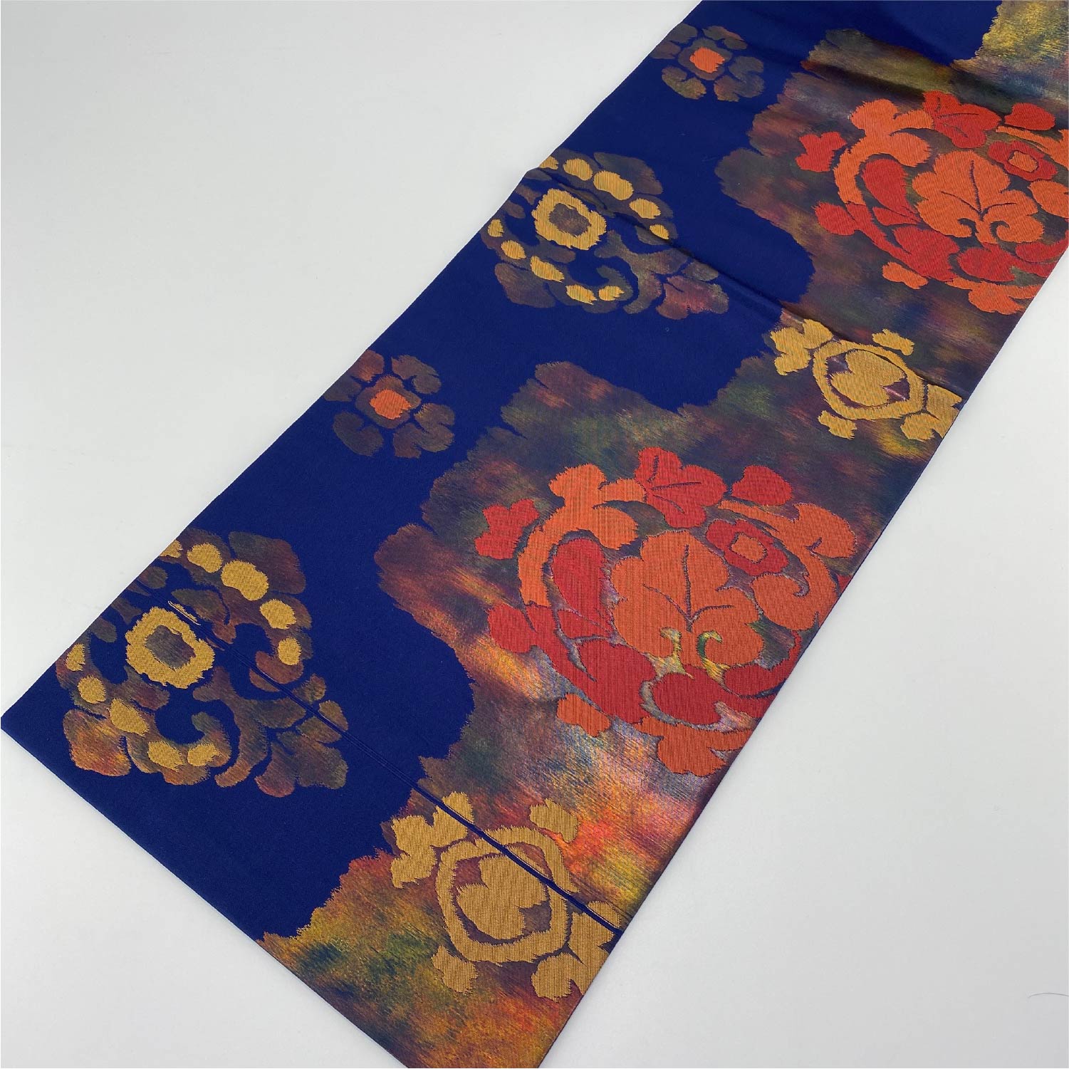 名古屋帯 帯丈323cm 六通 名古屋仕立て Sランク カジュアル 引箔 宝相華 正絹 紺系 1224-00022