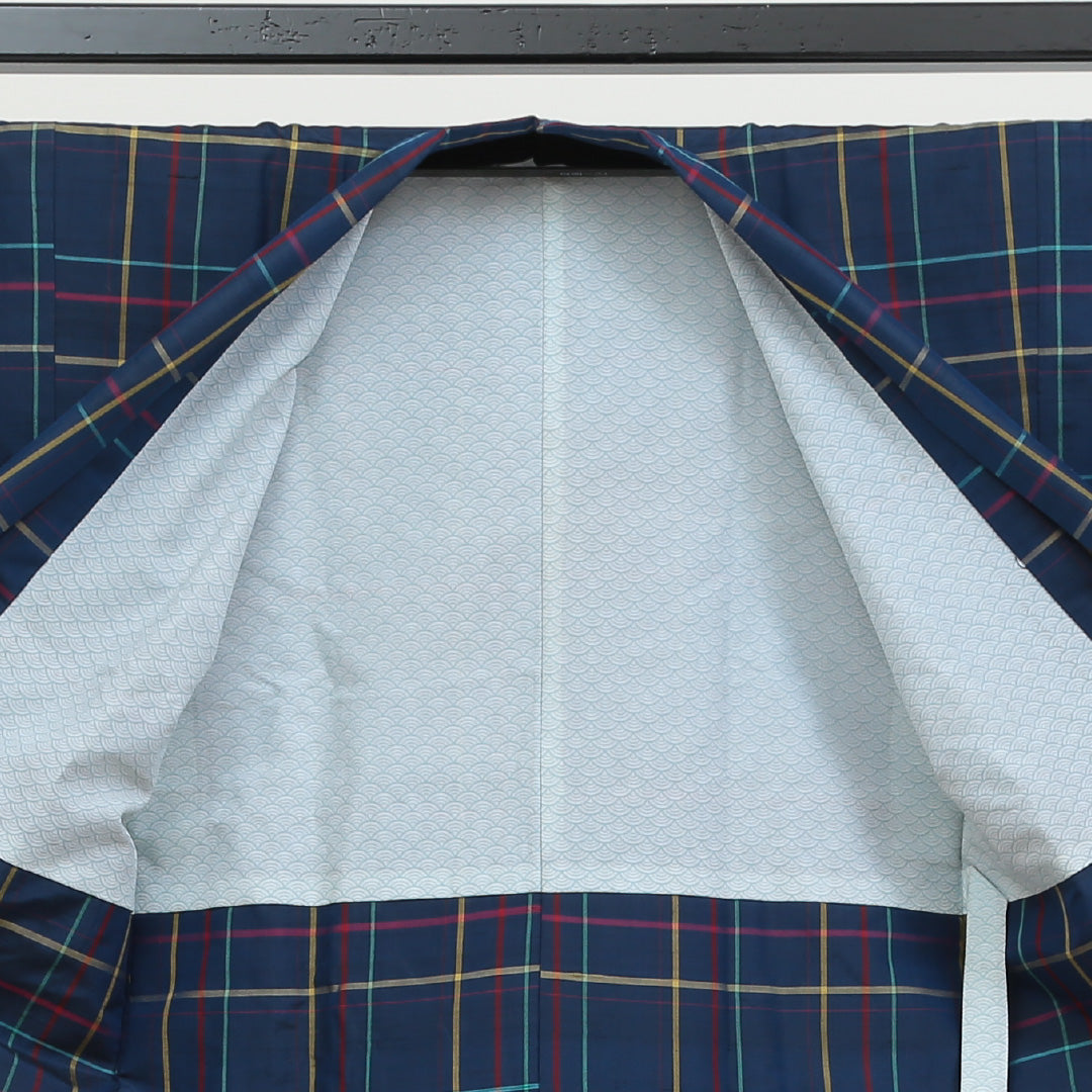 道中着(紬) 袷 身丈76cm 裄丈64cm 正絹 Bランク Mサイズ カジュアル 格子 青系 1264-05472