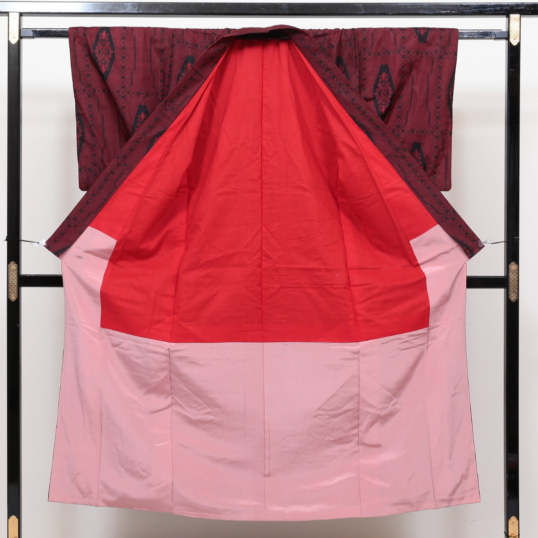 アンティーク着物 紬 袷 身丈150cm 裄丈~62cm 赤系 正絹 優品 花 1216321200107