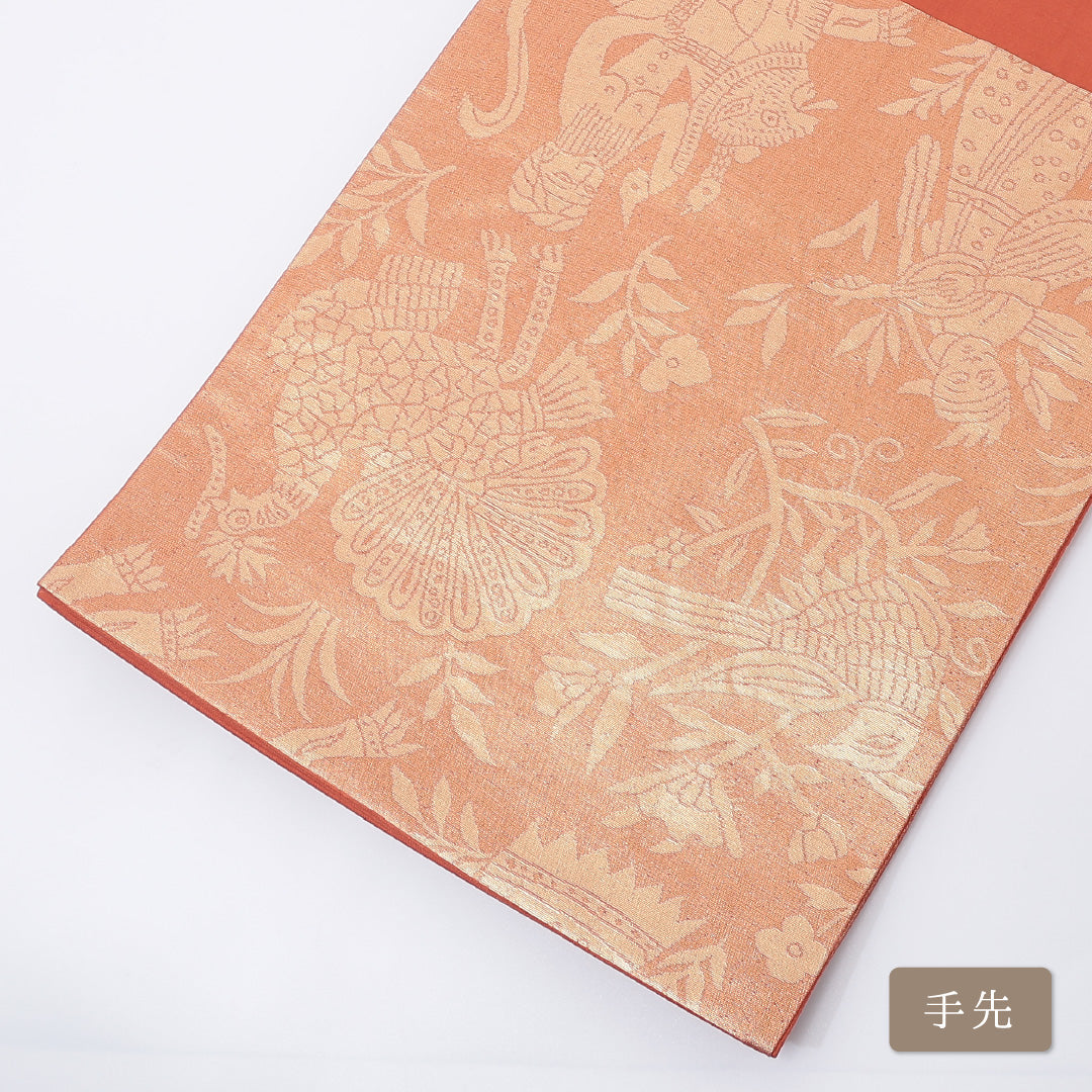 袋帯 帯丈424cm 六通 金襴 花喰鳥 オリエンタル セミフォーマル 朱系 正絹 Sランク 1223-00208