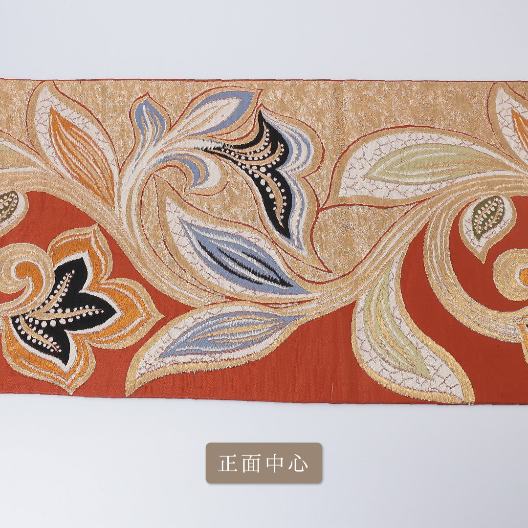 アンティーク 袋帯 帯丈416cm 六通 唐草華紋 セミフォーマル 落款 赤系 正絹 Aランク 1223-00189