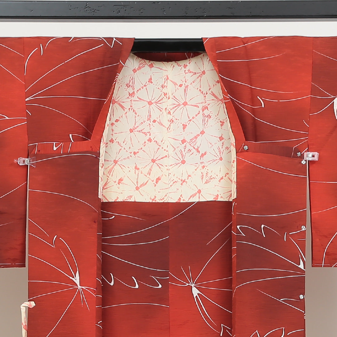 道行コート 洗える着物 袷 身丈74cm 裄丈63cm ポリエステル Sランク Sサイズ カジュアル 創作柄 ぼかし染 しつけ糸 朱系 1263-05488