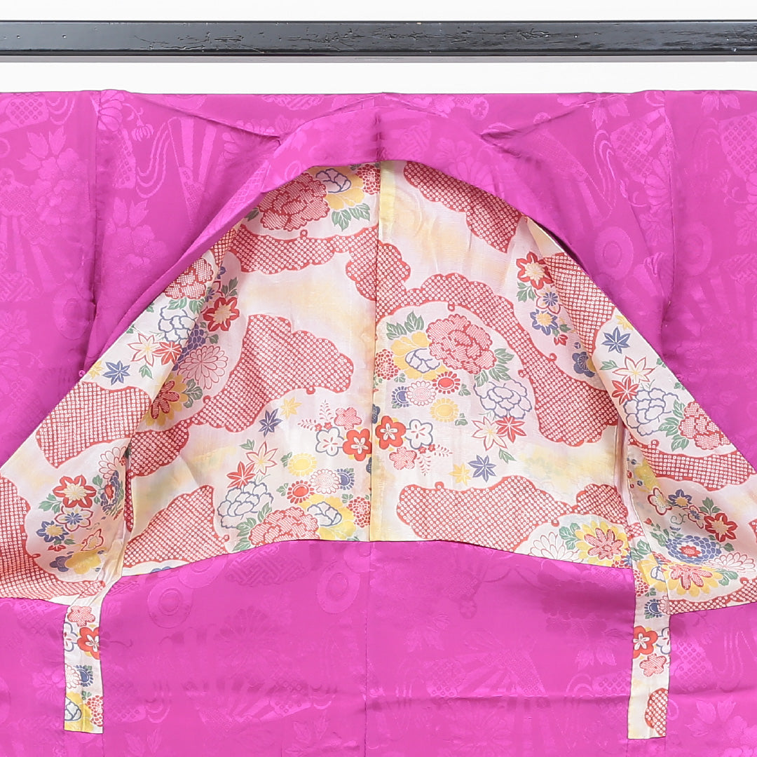 アンティーク 羽織 袷 身丈94cm 裄丈61cm 正絹 Bランク 一つ紋 (五三桐) 紋意匠 (吉祥文様) Sサイズ ピンク系 M4 1232-05449