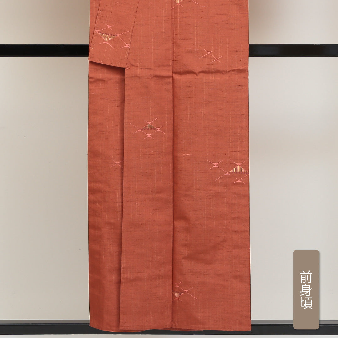 紬 単衣 身丈153cm 裄丈62cm 正絹 Aランク カジュアル 広衿 Sサイズ 創作柄 朱系 HP 1223-02784