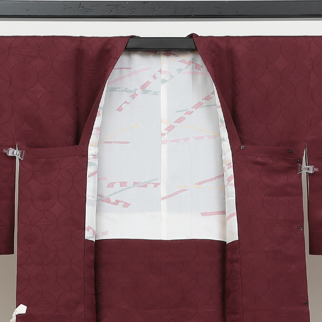 道行コート 袷 身丈83cm 裄丈66cm 正絹 Sランク 紋意匠 (七宝) セミフォーマル Mサイズ 赤系 RP 1237-05520