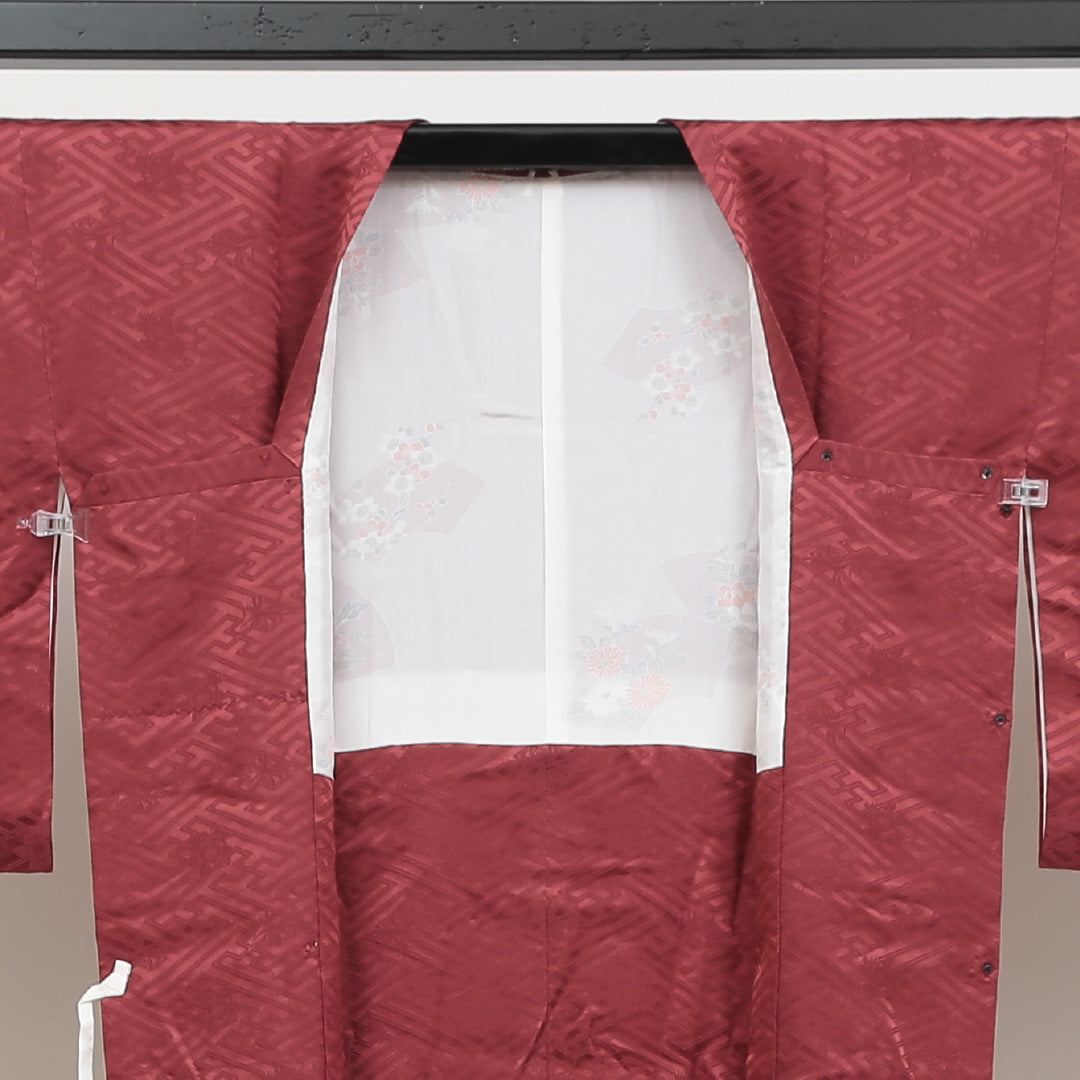 道行コート 袷 身丈79cm 裄丈65cm 正絹 Sランク 紋意匠 (紗綾型に菊) カジュアル Mサイズ 赤系 RP 1237-05515