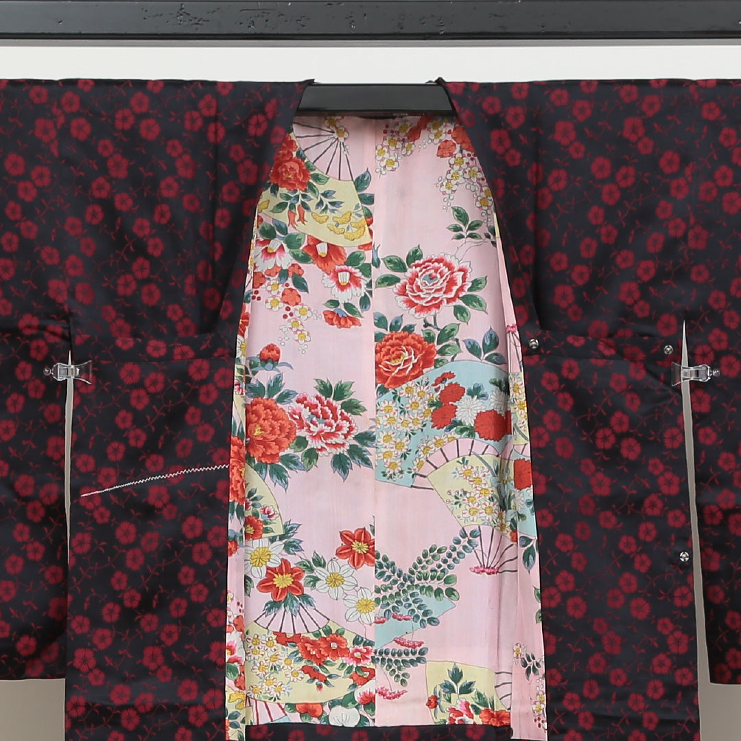 道行コート 洗える着物 袷 身丈116cm 裄丈64cm ポリエステル Sランク Mサイズ カジュアル 撫子 黒系 赤系 1263-05536