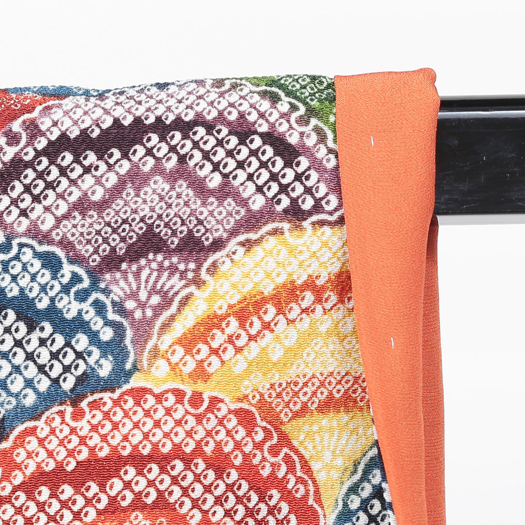 小紋 袷 身丈154cm 裄丈63cm 正絹 Sランク Sサイズ 広衿 インフォーマル ちりめん 青海波 雪輪 しつけ糸 黄系 多色系 1215-00533