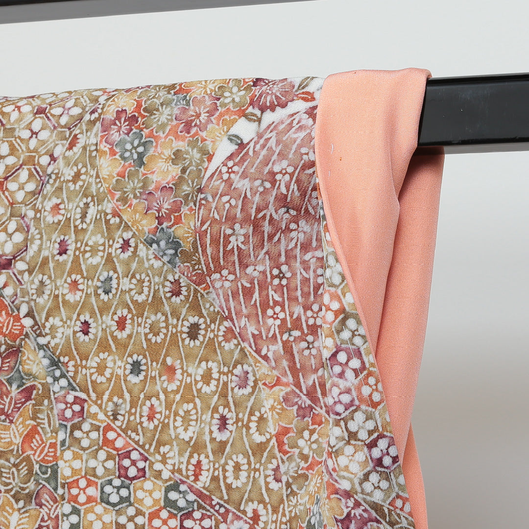 小紋 洗える着物 袷 身丈153cm 裄丈62cm ポリエステル Bランク Sサイズ 広衿 インフォーマル よろけ縞 花柄 朱系 1215-00805