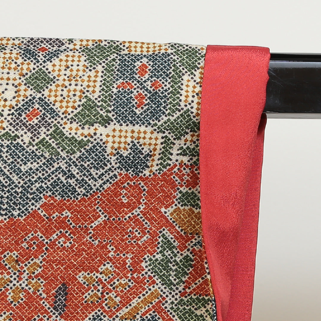 小紋 袷 身丈155cm 裄丈64cm 正絹 Sランク Mサイズ 広衿 インフォーマル 小紋 吉祥文様 花柄 植物柄 朱系 1215-02686