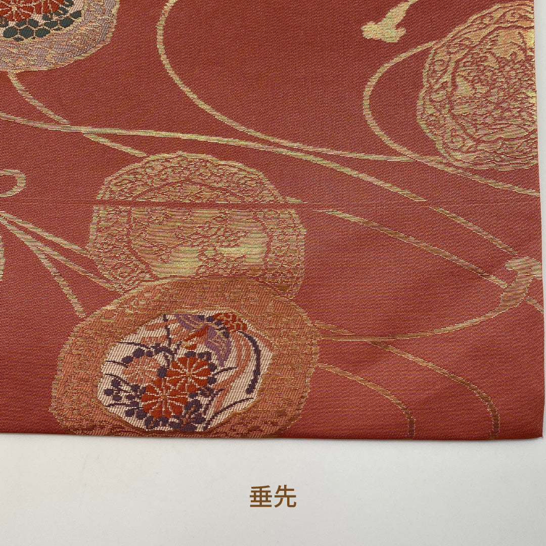 名古屋帯 帯丈334cm 六通 名古屋仕立て Sランク セミフォーマル 組紐 唐草 菊 菖蒲 藤 正絹 朱系 1224-00083