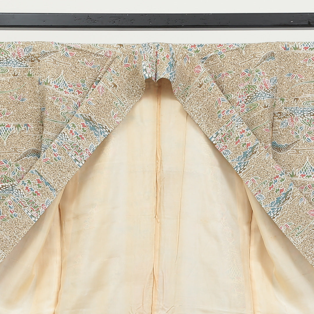 小紋 袷 身丈145cm 裄62.5cm クリーム系 流水 山 風景柄 四季草花 正絹 Aランク 通年柄 1215009023115