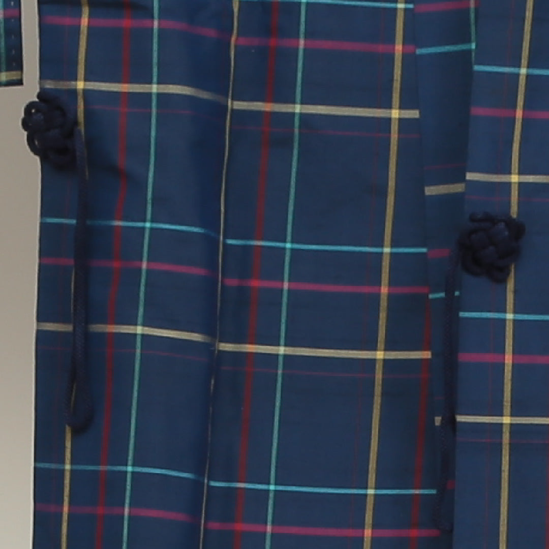 道中着(紬) 袷 身丈76cm 裄丈64cm 正絹 Bランク Mサイズ カジュアル 格子 青系 1264-05472