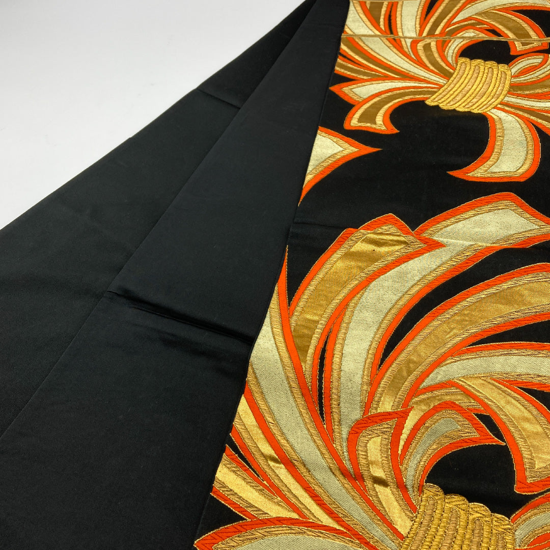 袋帯 帯丈420cm 六通 熨斗 吉祥文様 フォーマル 黒系 正絹 Aランク 1223-00095