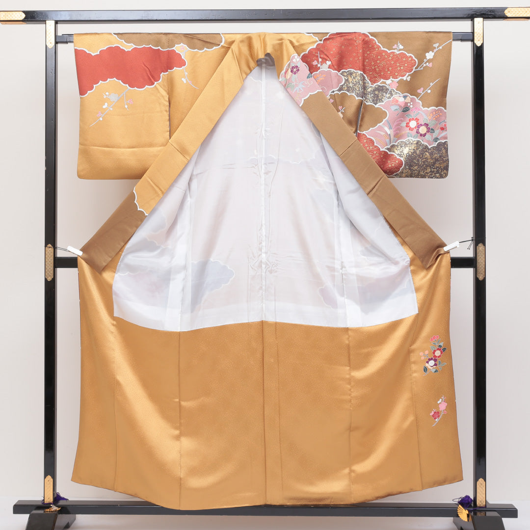 訪問着 袷 身丈155cm 裄丈65cm 正絹 Sランク Mサイズ 広衿 セミフォーマル 吉祥文様 金彩 金箔 銀箔 金系 1212-04033