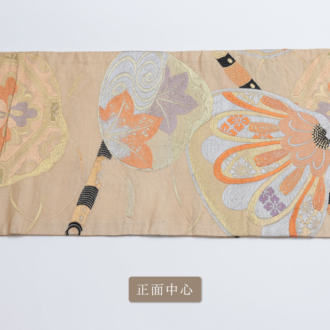 アンティーク 丸帯 帯丈408cm 全通 楓 笛 組紐 カジュアル クリーム系 正絹 Aランク 1223-00269