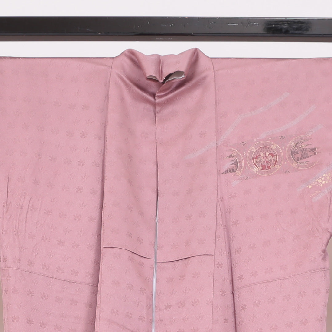 訪問着 袷 身丈160cm 裄丈67cm 正絹 Sランク 一つ紋 紋意匠 (紗綾型) セミフォーマル 広衿 Lサイズ 金彩 樹下双獣文 ピンク系 RP 1217-04016