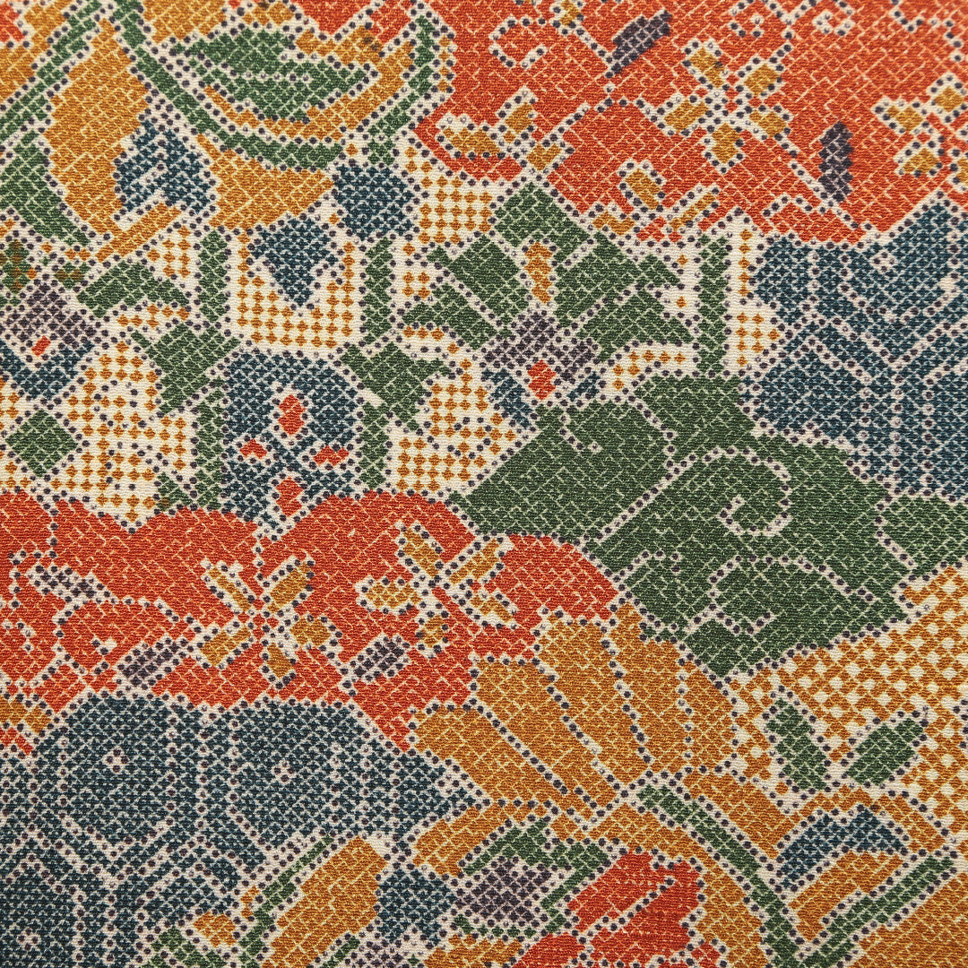 小紋 袷 身丈155cm 裄丈64cm 正絹 Sランク Mサイズ 広衿 インフォーマル 小紋 吉祥文様 花柄 植物柄 朱系 1215-02686