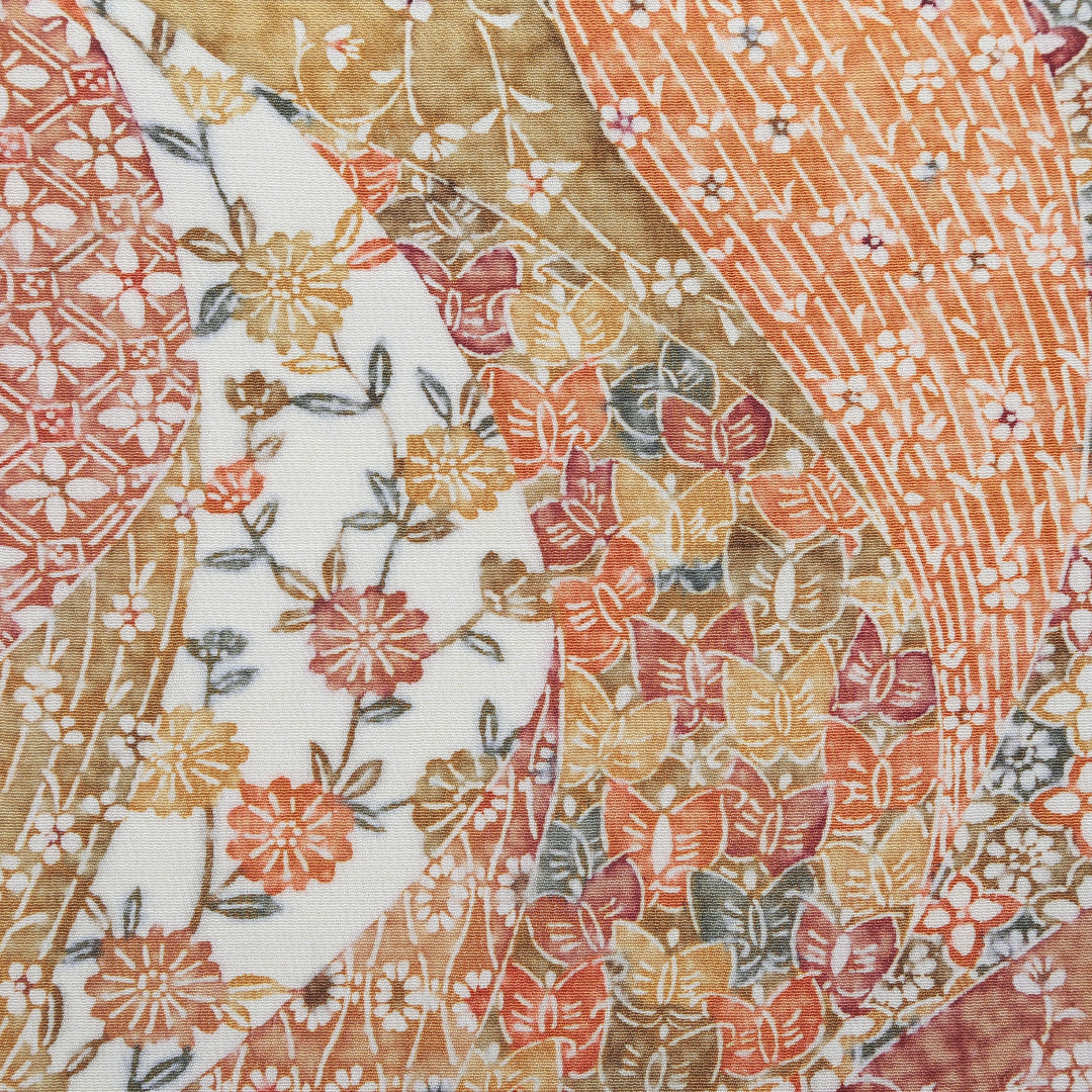 小紋 洗える着物 袷 身丈153cm 裄丈62cm ポリエステル Bランク Sサイズ 広衿 インフォーマル よろけ縞 花柄 朱系 1215-00805