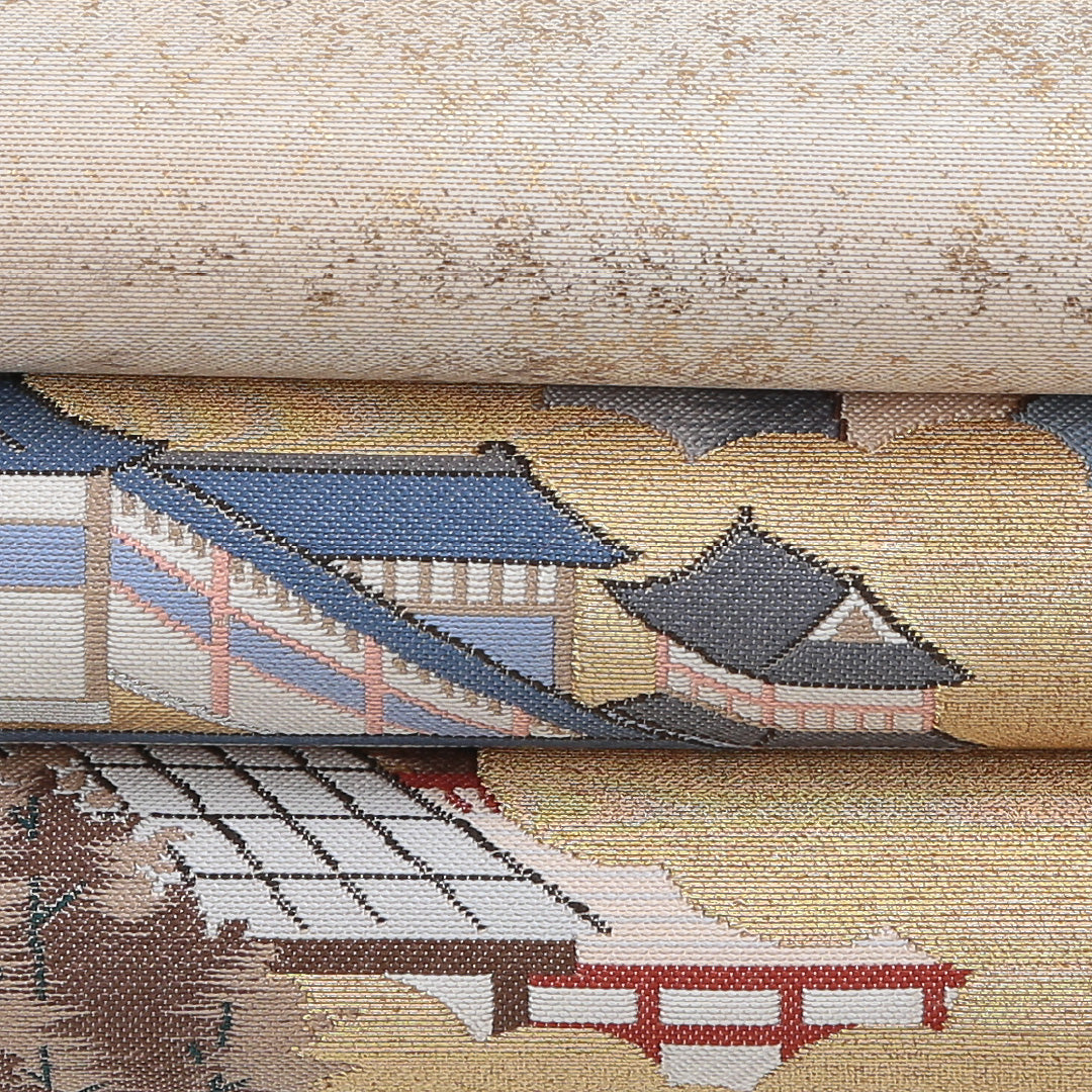 袋帯 帯丈452cm ポイント柄 綴れ織 本金箔 雲取 風景柄 神社 セミフォーマル 金系 正絹 Aランク 1223-00366
