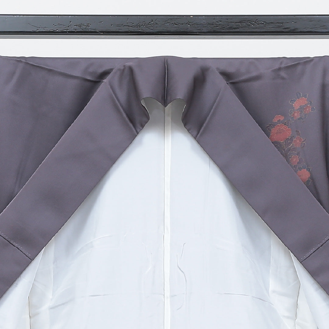 未使用品 訪問着 袷 身丈154cm 裄丈63cm 正絹 Sランク 一つ紋 (五三桐) セミフォーマル 広衿 Sサイズ 金彩 金箔 しつけ糸 道長取り 樹下双獣文 牡丹 紫系 PO 1217-04120