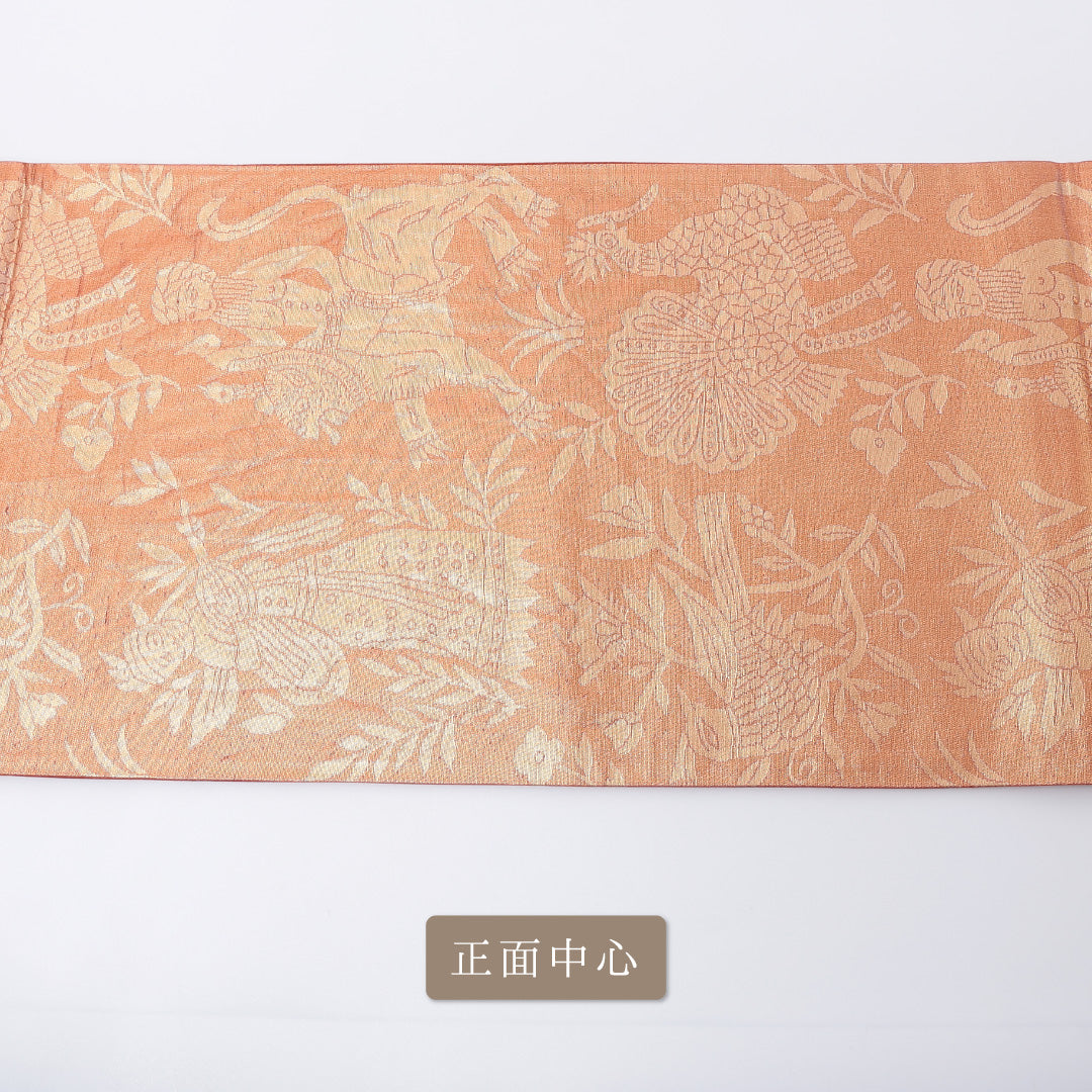 袋帯 帯丈424cm 六通 金襴 花喰鳥 オリエンタル セミフォーマル 朱系 正絹 Sランク 1223-00208