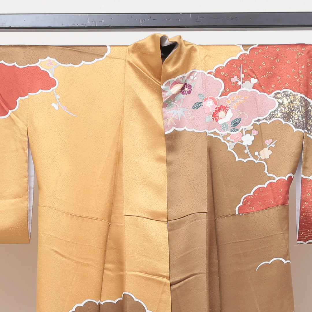 訪問着 袷 身丈155cm 裄丈65cm 正絹 Sランク Mサイズ 広衿 セミフォーマル 吉祥文様 金彩 金箔 銀箔 金系 1212-04033