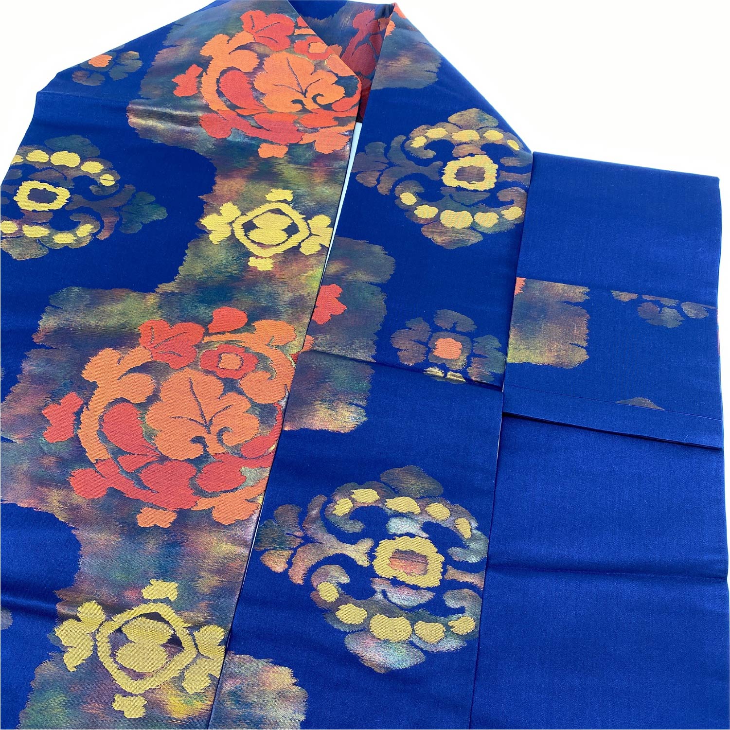 名古屋帯 帯丈323cm 六通 名古屋仕立て Sランク カジュアル 引箔 宝相華 正絹 紺系 1224-00022