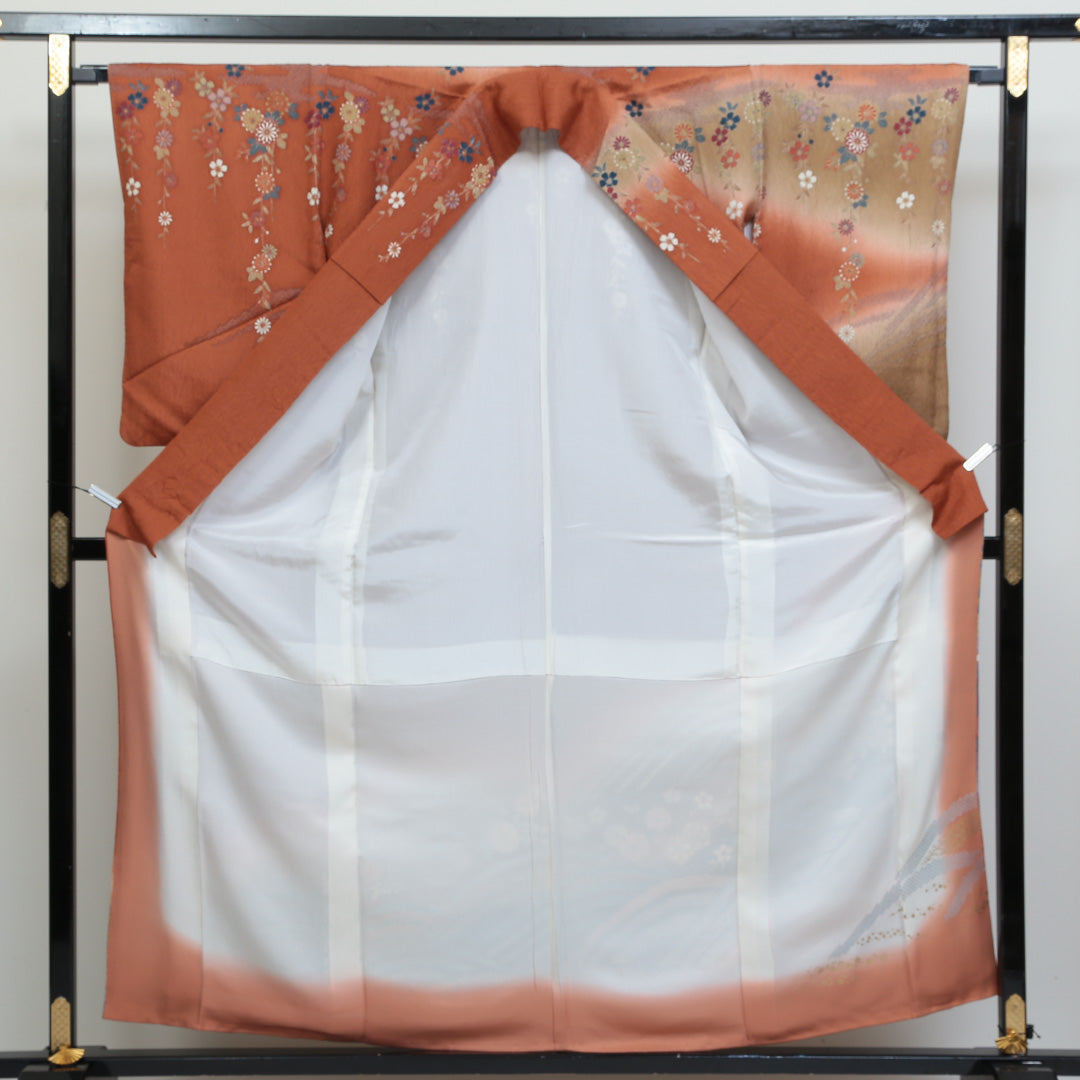 訪問着 袷 身丈158cm 裄66.5cm 正絹 茶系 Sランク 四季草花 遠山 通年柄 1212231400196