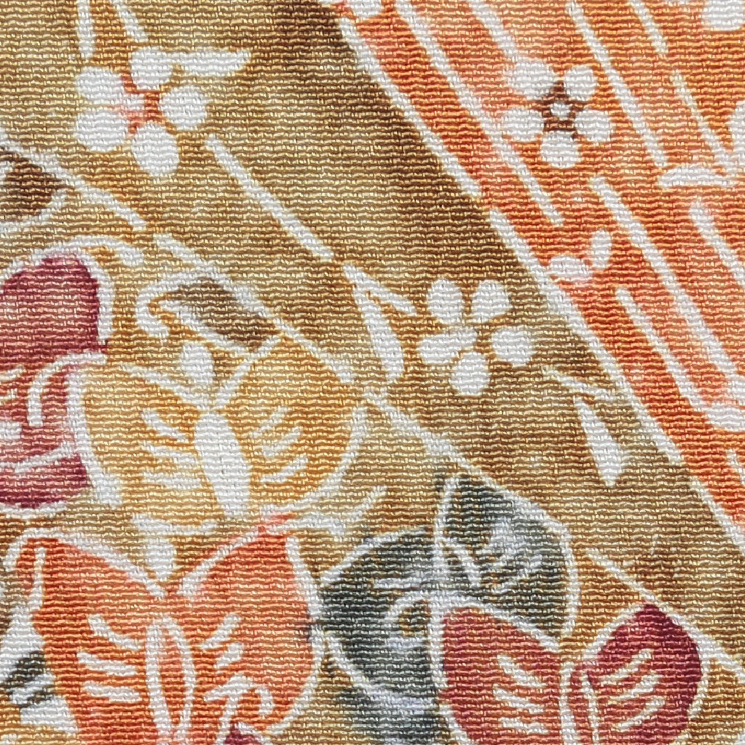 小紋 洗える着物 袷 身丈153cm 裄丈62cm ポリエステル Bランク Sサイズ 広衿 インフォーマル よろけ縞 花柄 朱系 1215-00805