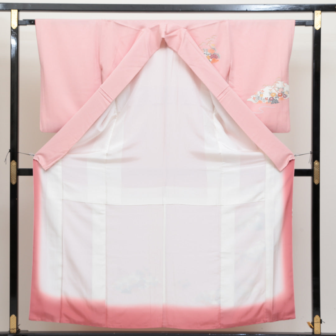 訪問着 袷 身丈156cm 裄丈64cm 正絹 Sランク セミフォーマル 広衿 Mサイズ 橋 吉祥文様 ピンク系 RP 1217-04156