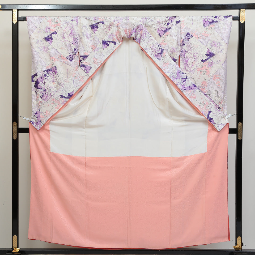 振袖 身丈157cm 裄丈66.5cm Bランク 袷 正絹 広衿 牡丹 桜 梅 紅葉 四季草花 1213-F0026
