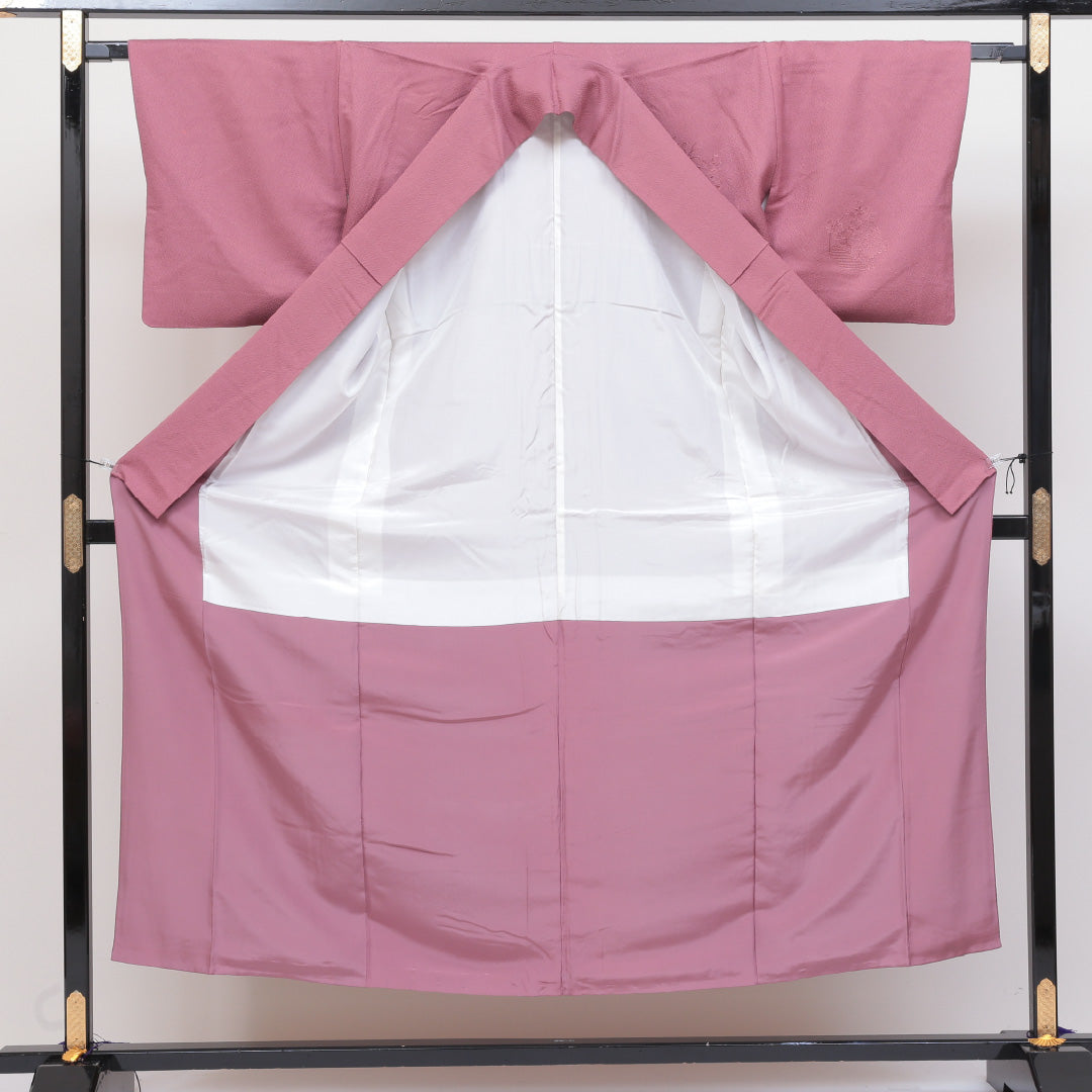 訪問着 袷 身丈150cm 裄丈64cm 正絹 Aランク セミフォーマル 広衿 Sサイズ 汕頭刺繍 花籠 紫系 RP 1217-04079