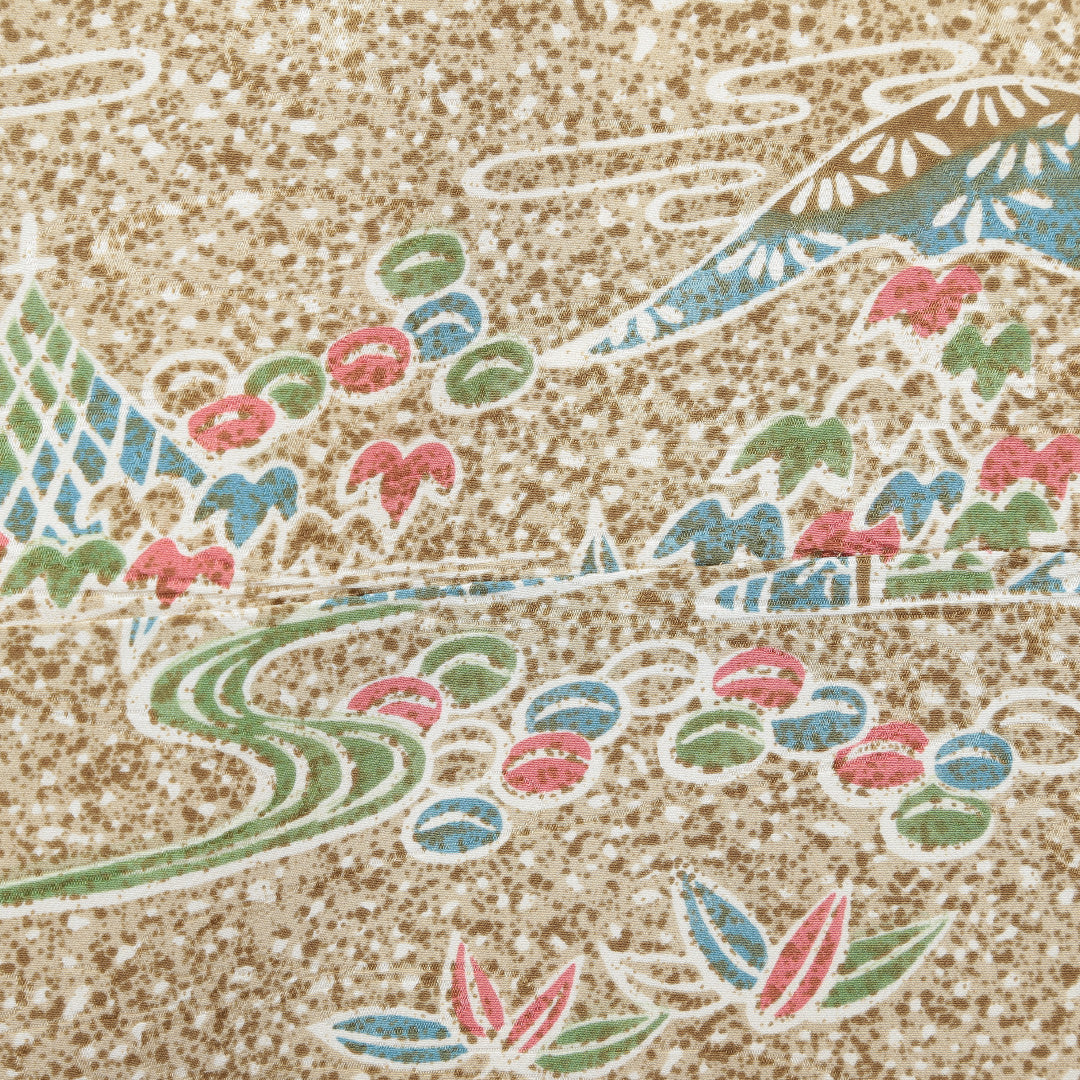 小紋 袷 身丈145cm 裄62.5cm クリーム系 流水 山 風景柄 四季草花 正絹 Aランク 通年柄 1215009023115