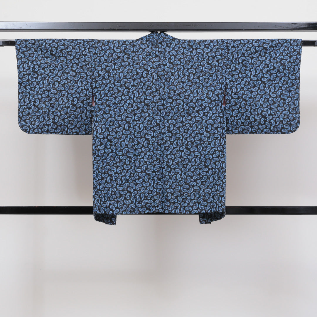 小紋 アンサンブル 洗える着物 単衣 身丈151cm 裄丈61cm ポリエステル Sランク Sサイズ バチ衿 インフォーマル 紐あり ペイズリー柄 青系 1215-00365