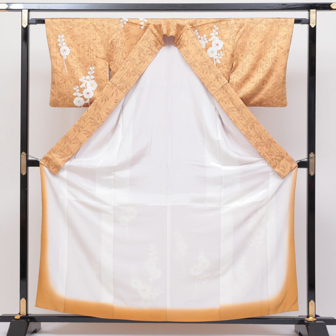 訪問着 袷 身丈158cm 裄丈63cm 正絹 Sランク Mサイズ 広衿 セミフォーマル 紋意匠 笹 菊 竹 金駒刺繍 金系 1212-04082