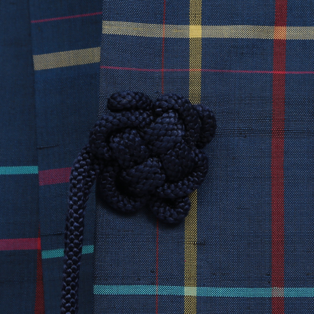 道中着(紬) 袷 身丈76cm 裄丈64cm 正絹 Bランク Mサイズ カジュアル 格子 青系 1264-05472