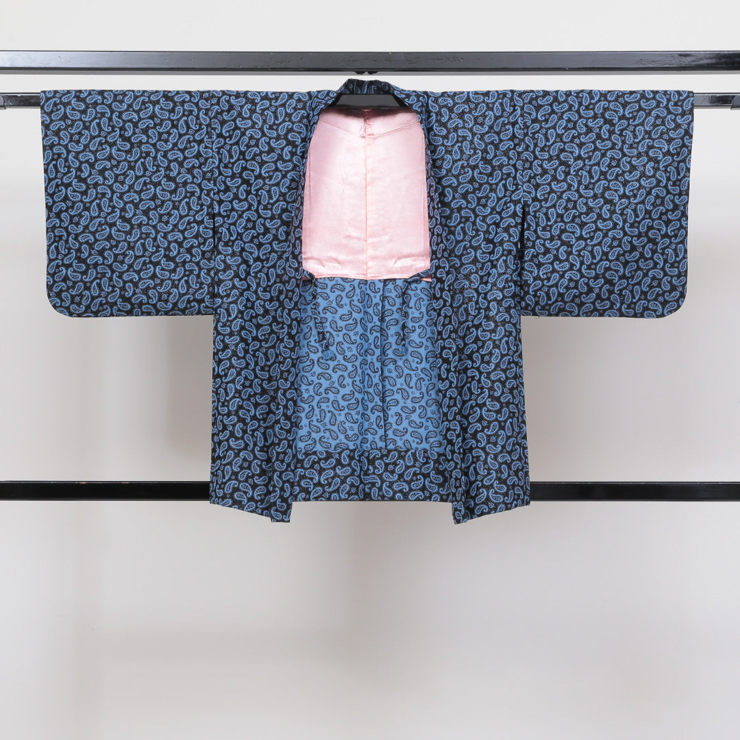 小紋 アンサンブル 洗える着物 単衣 身丈151cm 裄丈61cm ポリエステル Sランク Sサイズ バチ衿 インフォーマル 紐あり ペイズリー柄 青系 1215-00365