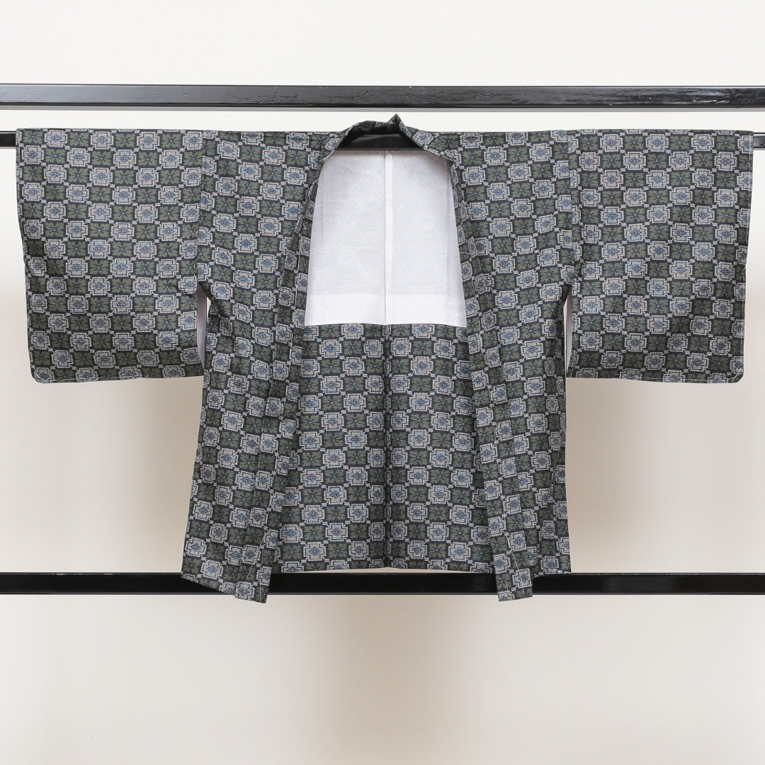 アンサンブル 紬 袷 身丈153cm 裄丈61cm 正絹 Aランク カジュアル バチ衿 Sサイズ しつけ糸 菱 緑系 HP 1223-02608