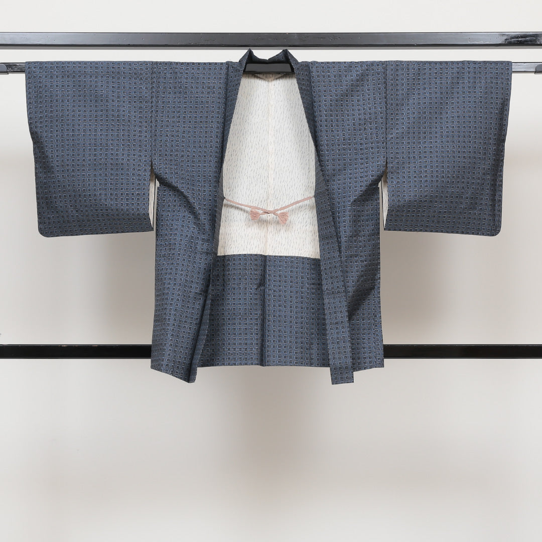 アンサンブル 大島紬 袷 身丈153cm 裄丈63cm 正絹 Aランク インフォーマル 広衿 Sサイズ 格子 青系 RP 1223-02599