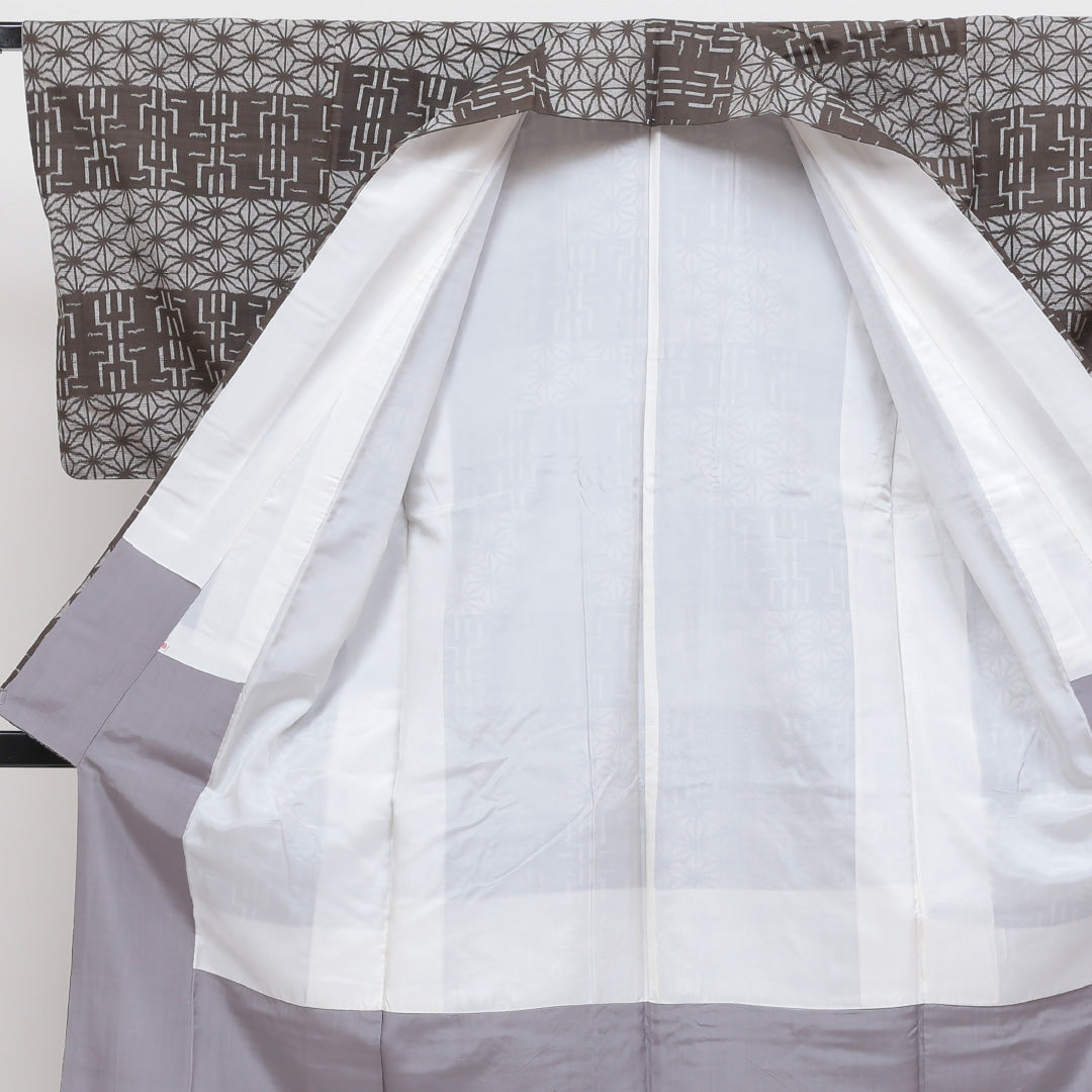 紬 袷 身丈159cm 裄丈63cm 正絹 Aランク カジュアル 広衿 Mサイズ 麻の葉 茶系 HP 1223-02569