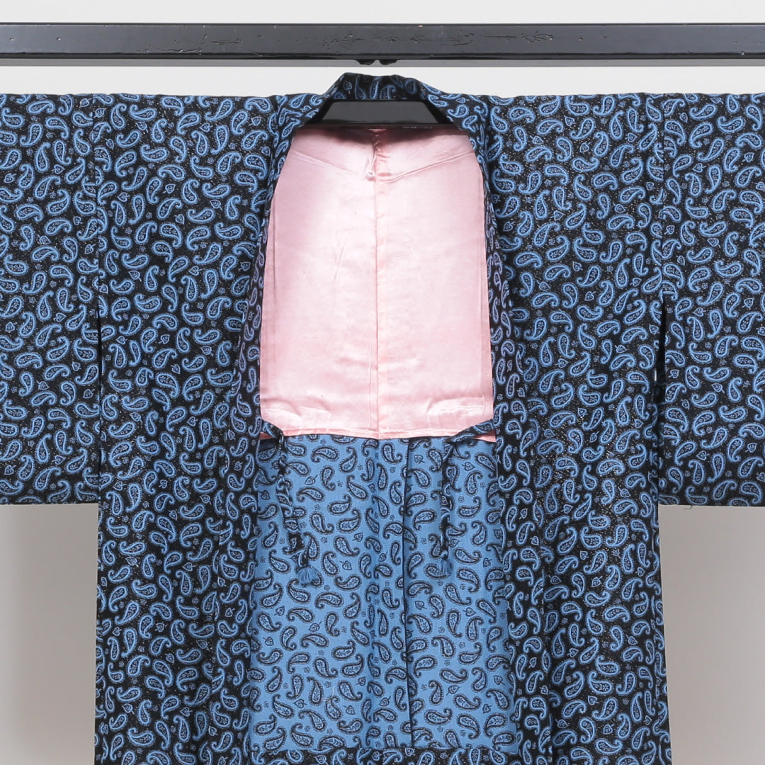 小紋 アンサンブル 洗える着物 単衣 身丈151cm 裄丈61cm ポリエステル Sランク Sサイズ バチ衿 インフォーマル 紐あり ペイズリー柄 青系 1215-00365