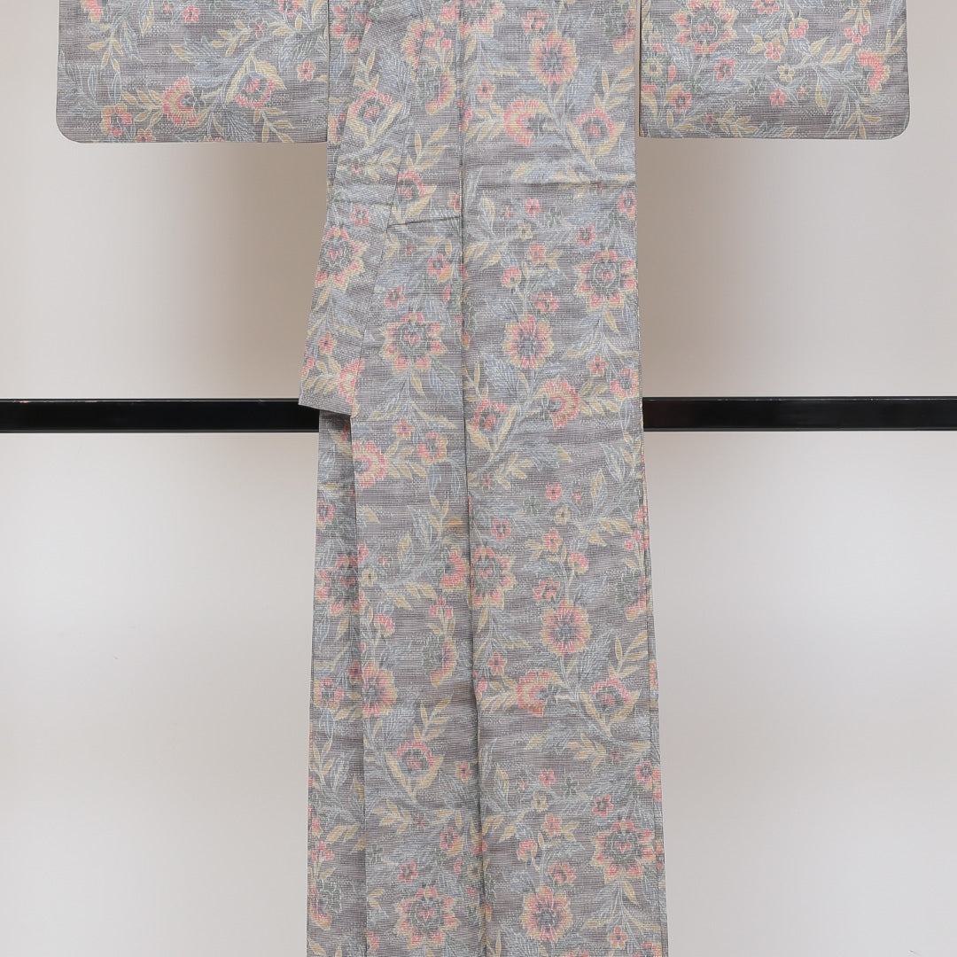 大島紬 袷 身丈146cm 裄丈62cm 正絹 Cランク インフォーマル バチ衿 XSサイズ 植物柄 グレー系 LP 1223-02539